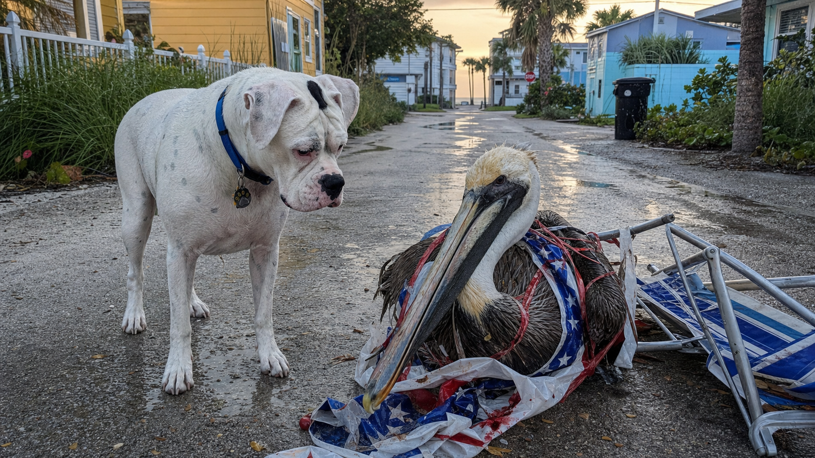 Maggie standing on a wet Pass-a-Grille side street beside a realistic brown pelican tangled in patriotic parade bunting and a collapsed beach chair at dawn.