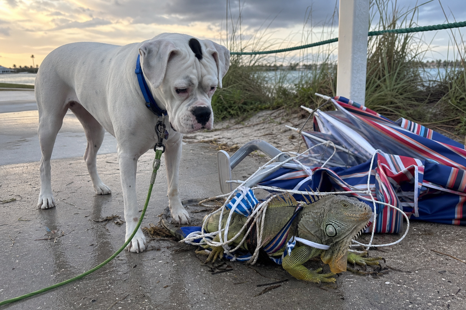 Maggie standing on wet Pass-a-Grille pavement beside a huge realistic green iguana tangled in striped beach umbrella cords after a storm at dawn.