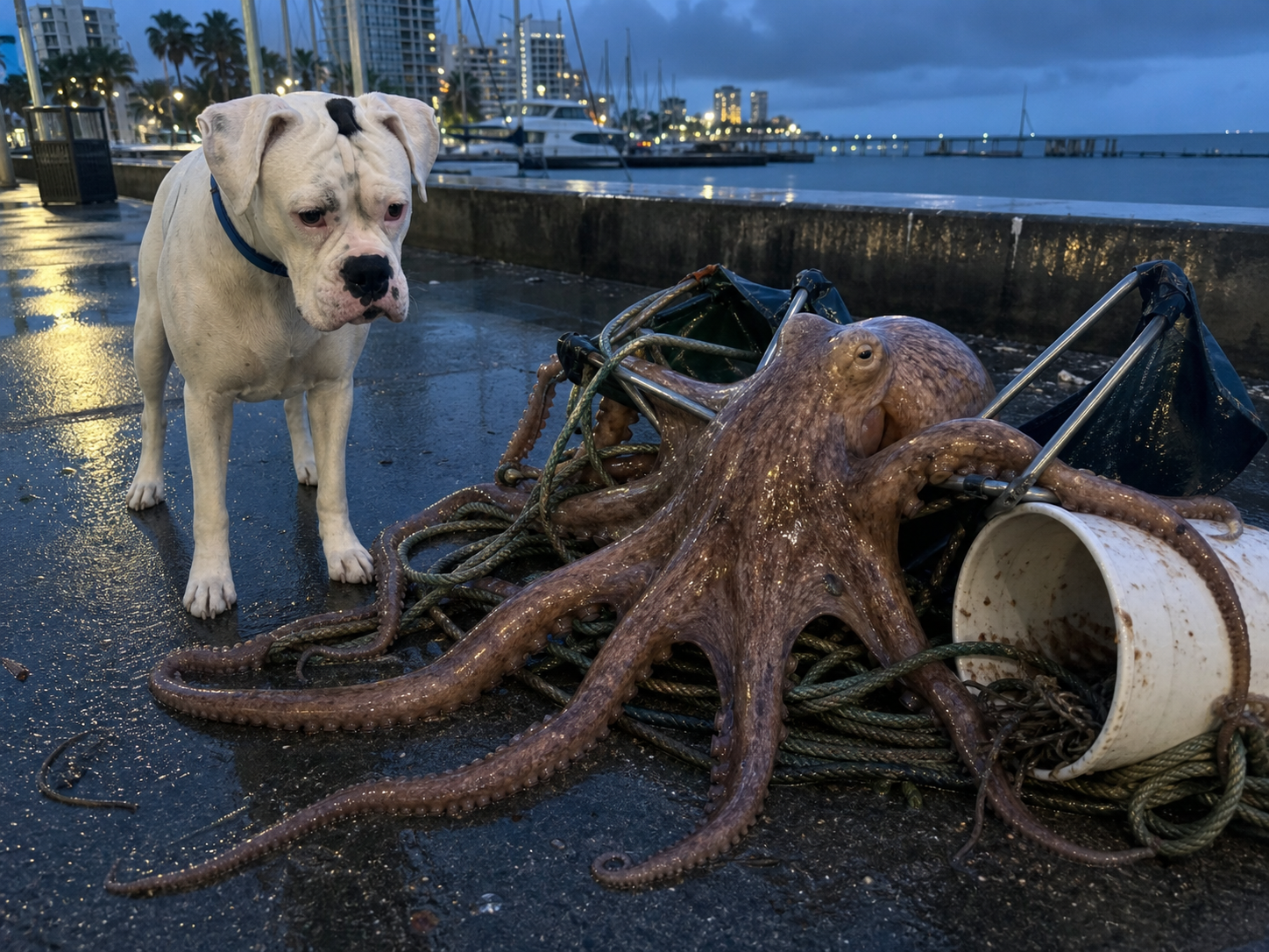 Maggie standing on wet St. Pete waterfront pavement beside a giant realistic octopus tangled in rope, folding stools, and a tipped bait bucket before dawn.