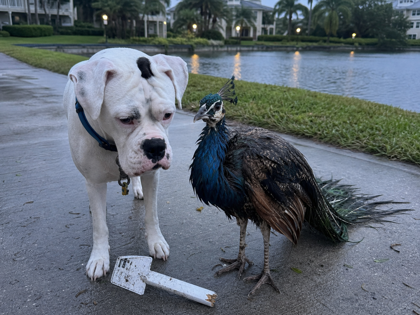 Maggie standing on a wet Isla Del Sol waterfront path beside a soaked realistic peacock and a snapped yard marker at dawn.
