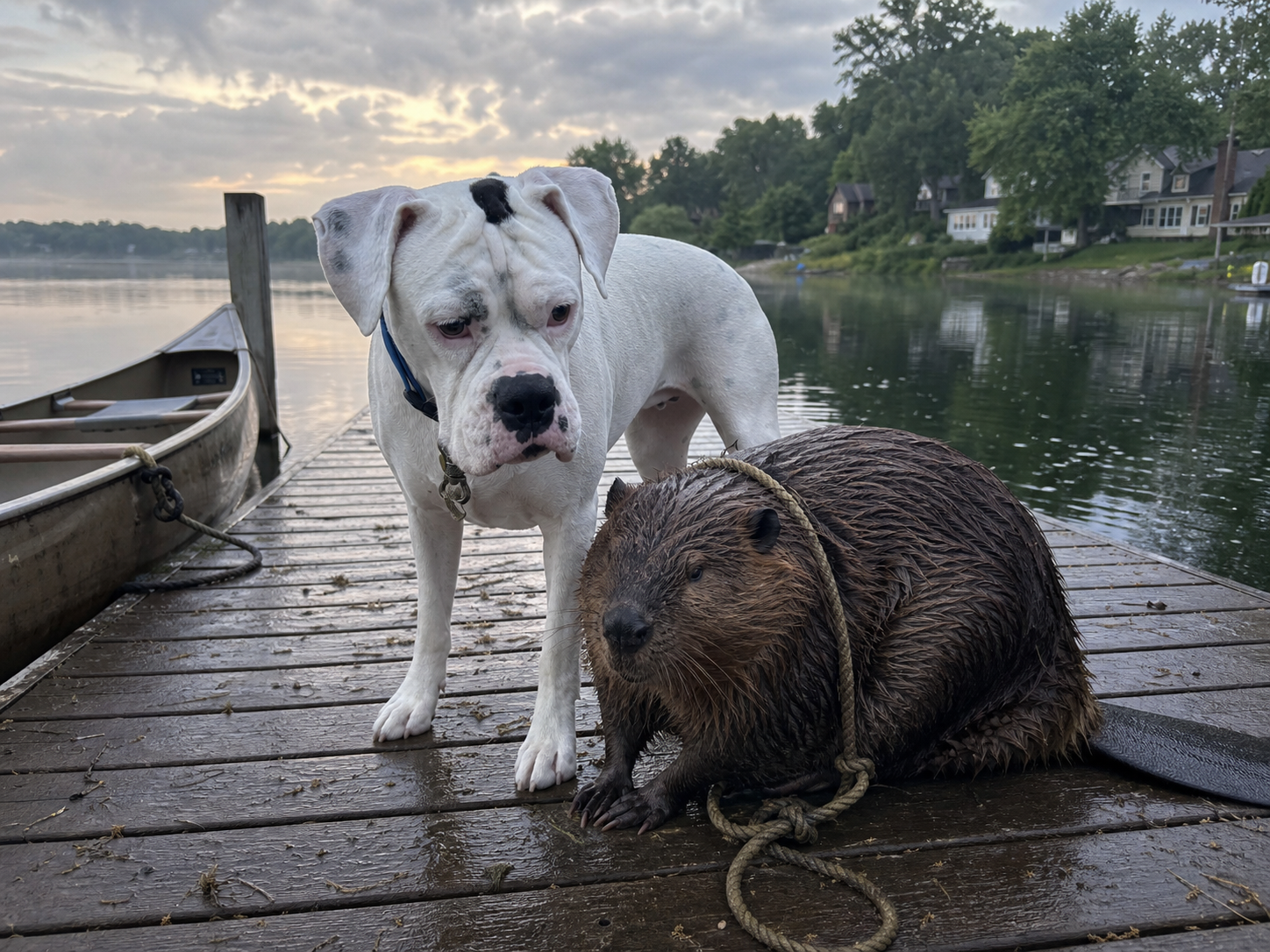 Maggie standing on a wet White Bear Lake dock beside a large realistic beaver tangled in canoe rope at dawn.